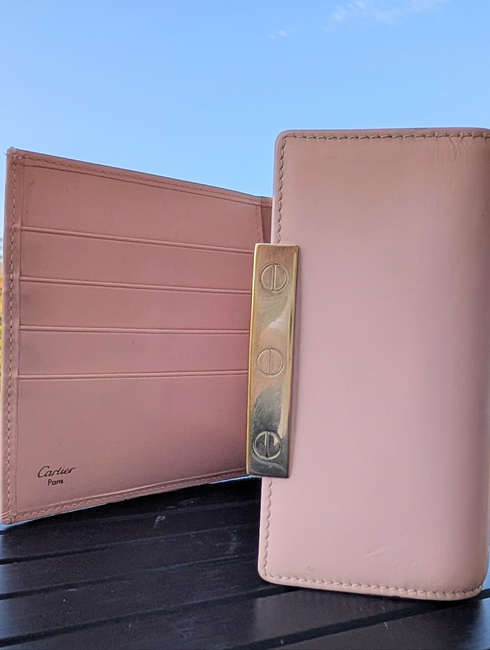 Vintage Cartier Eternity Rose Pink Leather Trifold Wallet Gold Hardware
